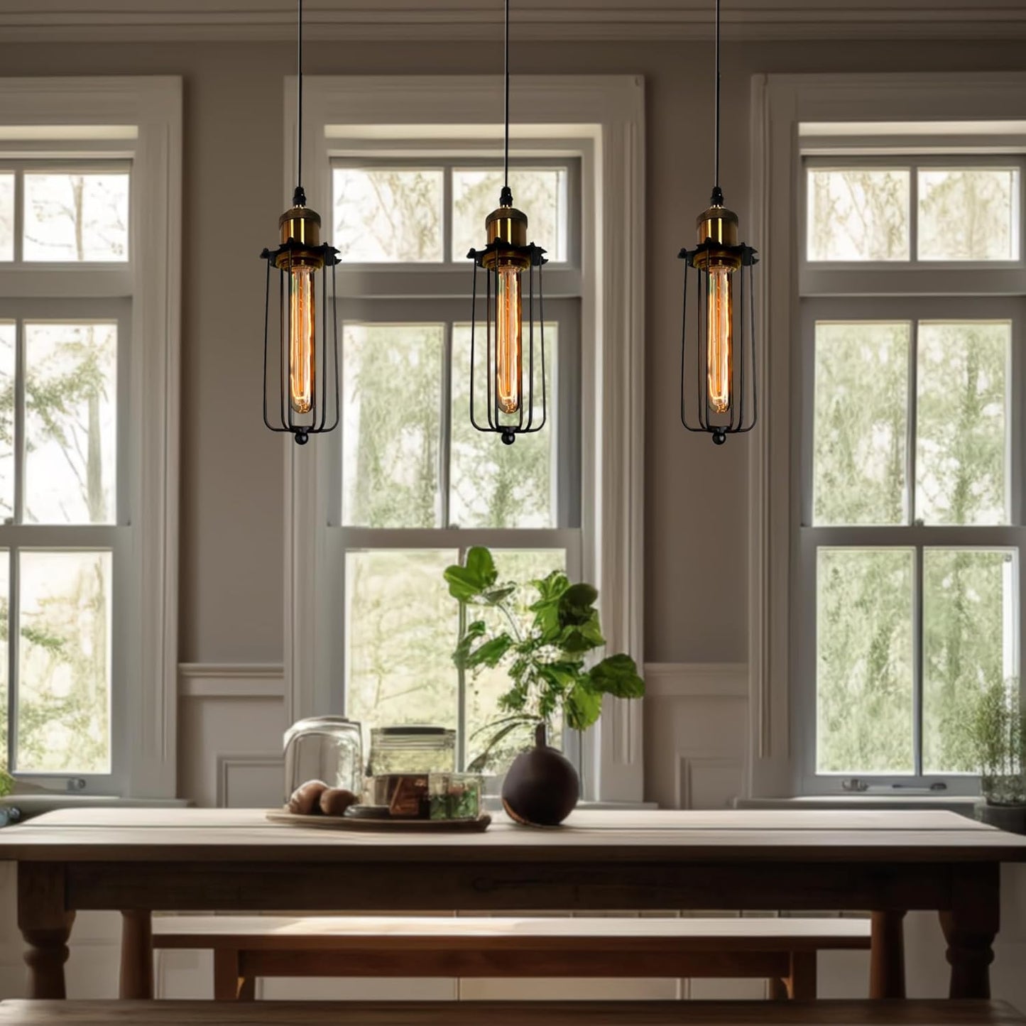 Vintage Cage Pendant Light with Industrial Metal Frame for Kitchens and Dining Rooms