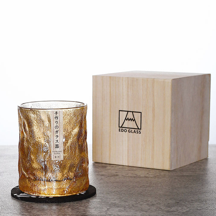 Japanese Edo Kiriko Glacier Whisky Glasses - Hand-Cut Glassware with Wooden Box