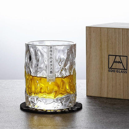 Japanese Edo Kiriko Glacier Whisky Glasses - Hand-Cut Glassware with Wooden Box