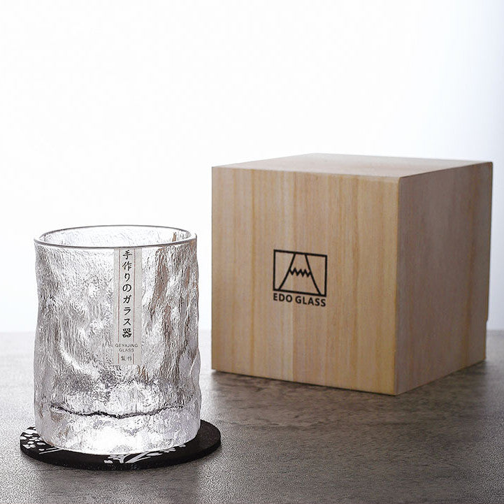 Japanese Edo Kiriko Glacier Whisky Glasses - Hand-Cut Glassware with Wooden Box