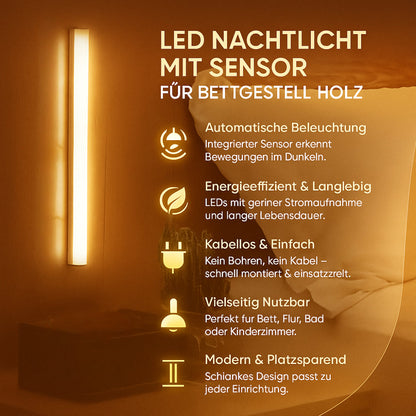 LED Wall Lamp with Motion Sensor - Wood Frame Cordless Bedside Night Light, 15cm