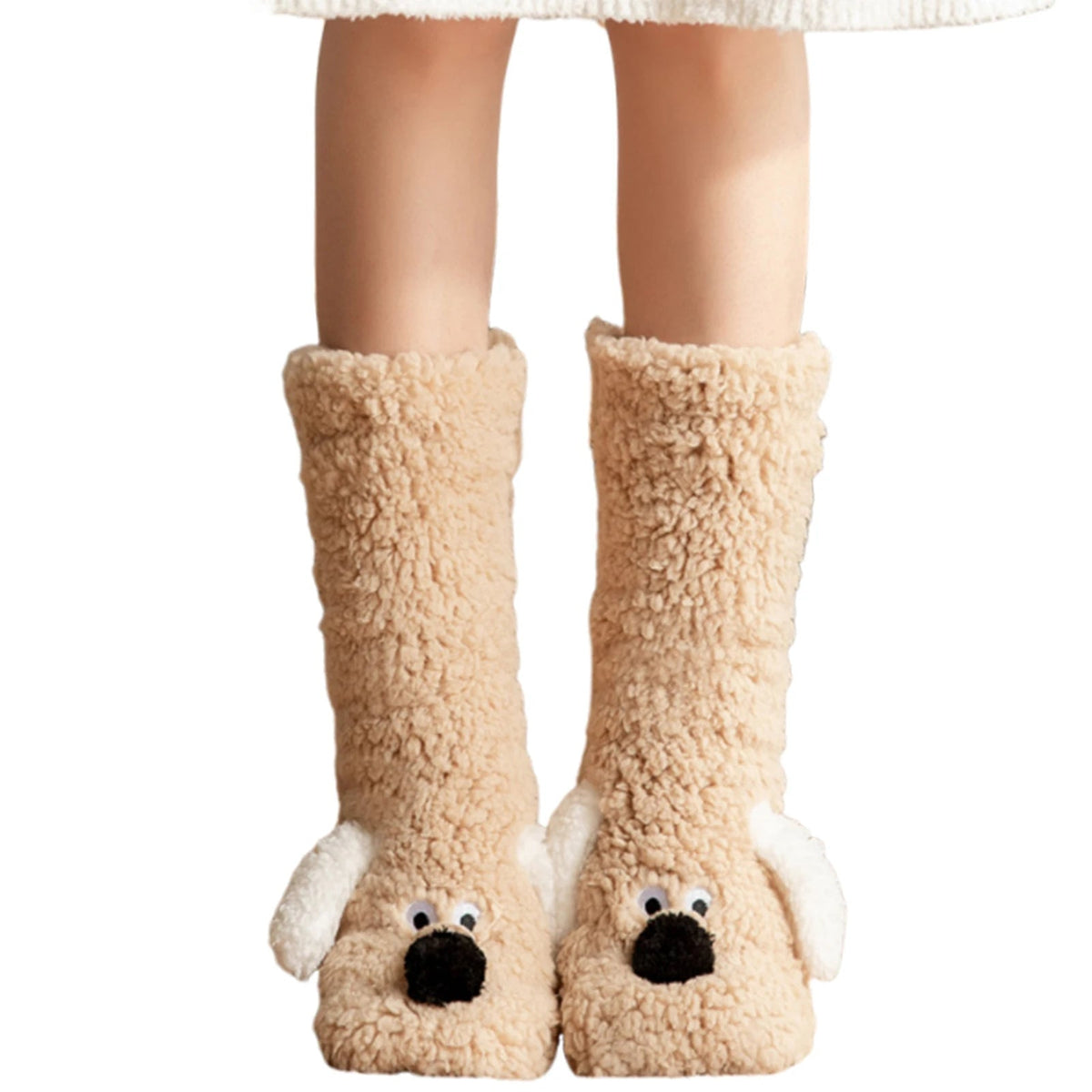 Cute Dog Fuzzy Socks Winter Fleece Leg Warmers with Fluffy Ears Embroidered Face One Size Slippers