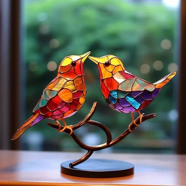 Artistic Glass Bird Sculptures - Vibrant Colored Glass Decor, Set of 3 with Stand