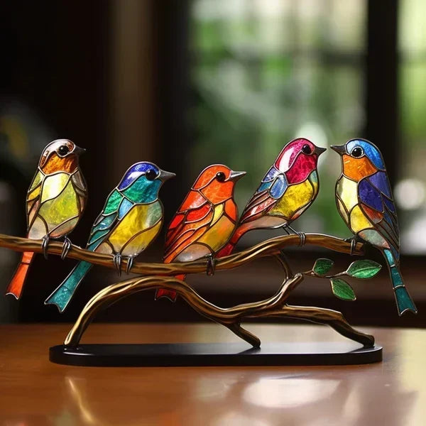 Artistic Glass Bird Sculptures - Vibrant Colored Glass Decor, Set of 3 with Stand