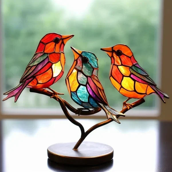 Artistic Glass Bird Sculptures - Vibrant Colored Glass Decor, Set of 3 with Stand