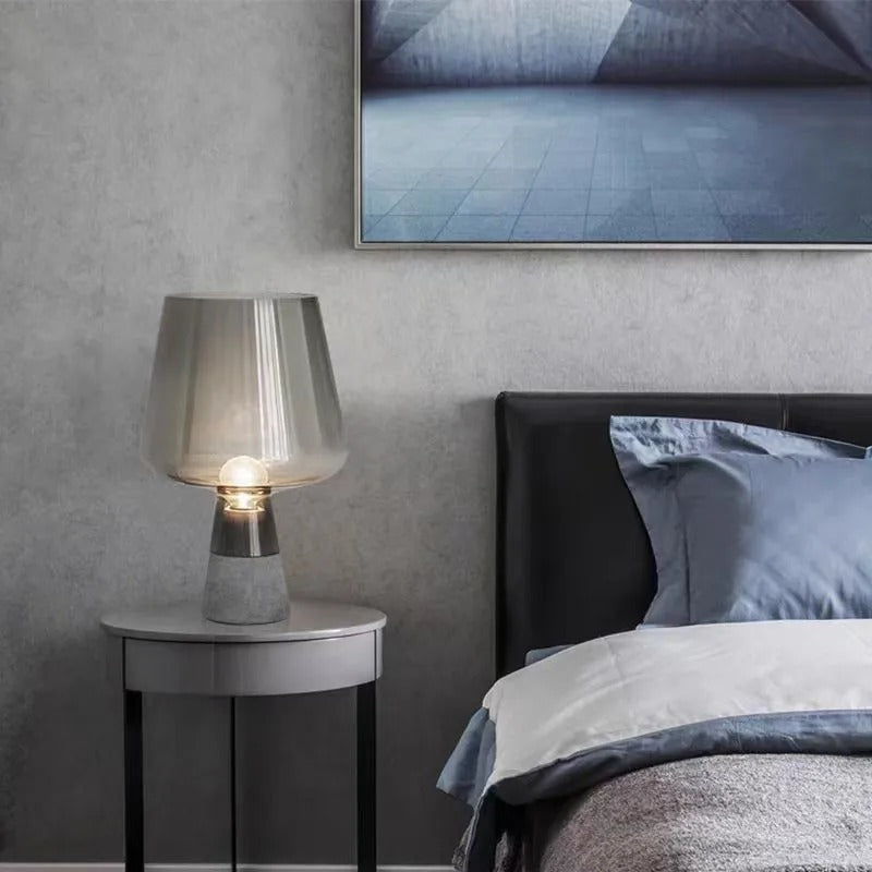 Cement Base Table Lamp with Amber Glass Shade, Industrial LED Bedside Lamp with Warm White Glow