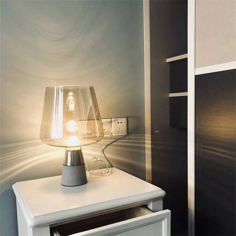 Cement Base Table Lamp with Amber Glass Shade, Industrial LED Bedside Lamp with Warm White Glow