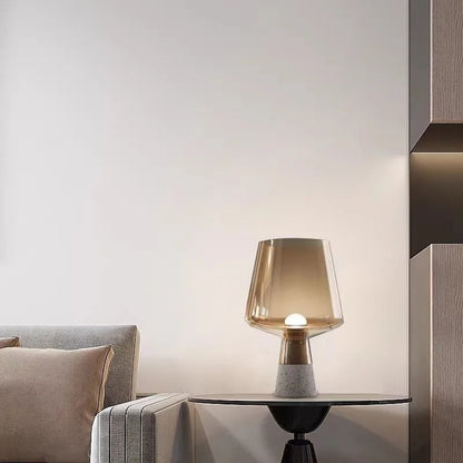 Cement Base Table Lamp with Amber Glass Shade, Industrial LED Bedside Lamp with Warm White Glow
