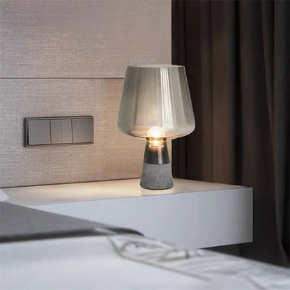 Cement Base Table Lamp with Amber Glass Shade, Industrial LED Bedside Lamp with Warm White Glow