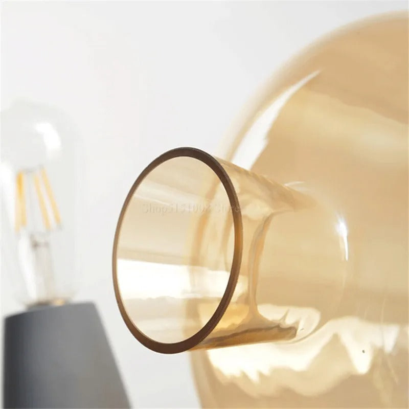 Cement Base Table Lamp with Amber Glass Shade, Industrial LED Bedside Lamp with Warm White Glow