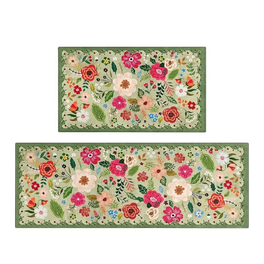 Boho Floral Kitchen Mat Set - Anti-Fatigue Cushioned Mats, Set of 2