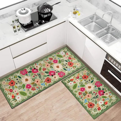 Boho Floral Kitchen Mat Set - Anti-Fatigue Cushioned Mats, Set of 2