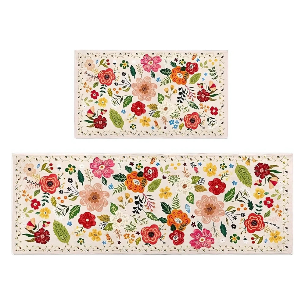 Boho Floral Kitchen Mat Set - Anti-Fatigue Cushioned Mats, Set of 2