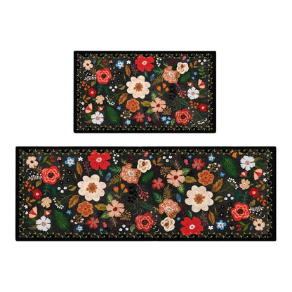 Boho Floral Kitchen Mat Set - Anti-Fatigue Cushioned Mats, Set of 2