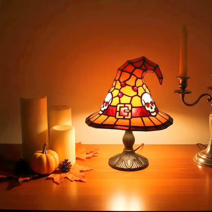 Witch Hat Stained Glass Lamp with Cobweb Pattern, Gothic Halloween Accent Lamp, Bat or Skull Design