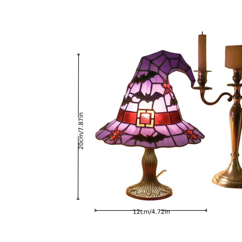 Witch Hat Stained Glass Lamp with Cobweb Pattern, Gothic Halloween Accent Lamp, Bat or Skull Design