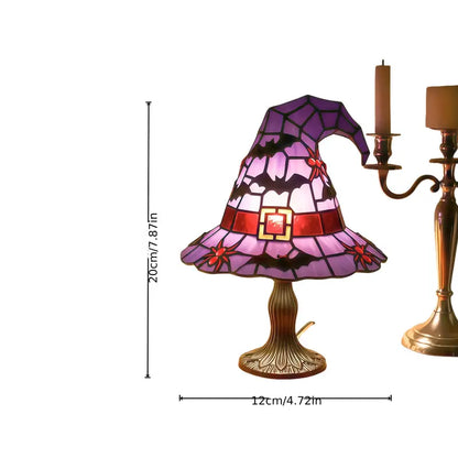 Witch Hat Stained Glass Lamp with Cobweb Pattern, Gothic Halloween Accent Lamp, Bat or Skull Design
