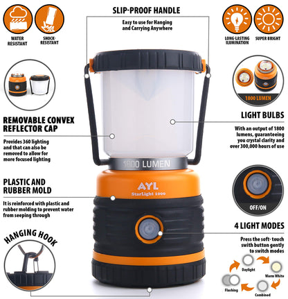 Rechargeable LED Camping Lantern - 1800 Lumens, Waterproof, 4400mAh Power Bank