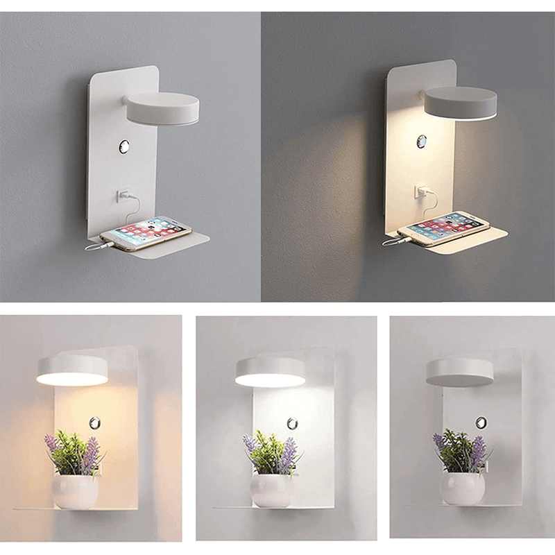 Rotating LED Lamp with USB Charging Shelf, Dimmable Dual-Color Light & Device Holder