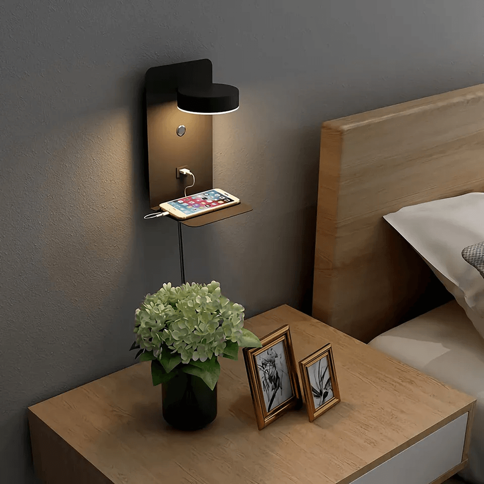 Rotating LED Lamp with USB Charging Shelf, Dimmable Dual-Color Light & Device Holder