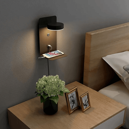 Rotating LED Lamp with USB Charging Shelf, Dimmable Dual-Color Light & Device Holder
