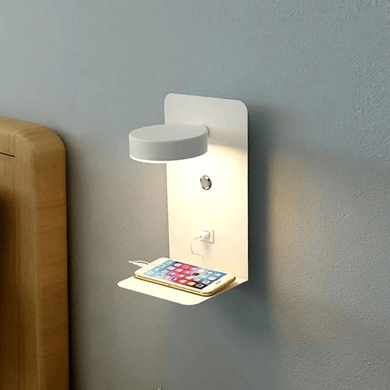 Rotating LED Lamp with USB Charging Shelf, Dimmable Dual-Color Light & Device Holder