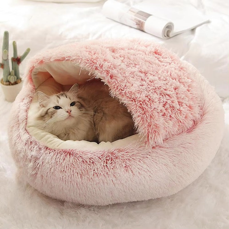 Cozy Pet Cave Bed - Soft Plush Cat & Dog Cave House, Anxiety Relief, Non-Slip Base