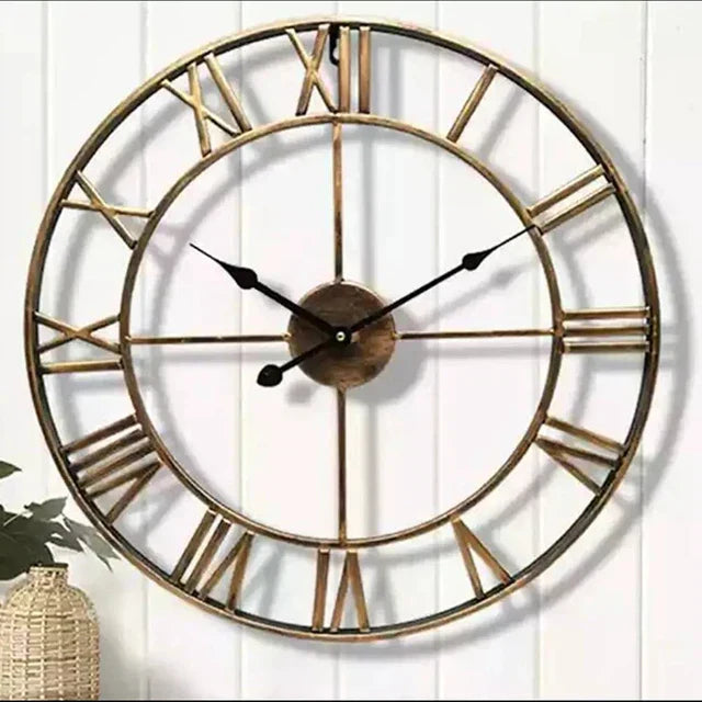 Roman Numeral Metal Wall Clock - Silent Retro Decorative Clock for Living Room & Kitchen