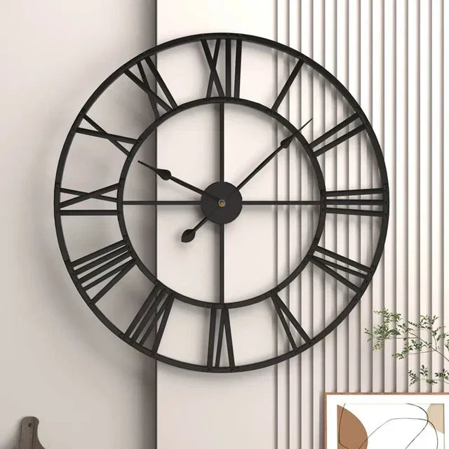 Roman Numeral Metal Wall Clock - Silent Retro Decorative Clock for Living Room & Kitchen