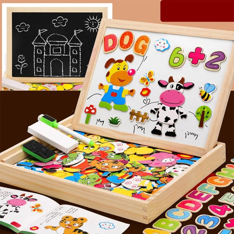 2-in-1 Wooden Magnetic Whiteboard and Chalkboard for Kids, Travel-Friendly Design