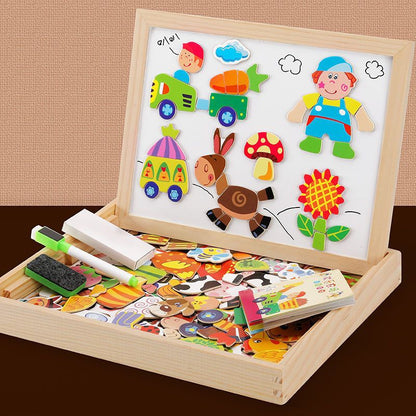 2-in-1 Wooden Magnetic Whiteboard and Chalkboard for Kids, Travel-Friendly Design