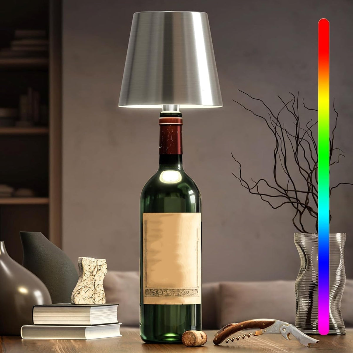 Rechargeable LED Bottle Lamp with Touch Control, Dimmable Light & 3 Colour Temperatures