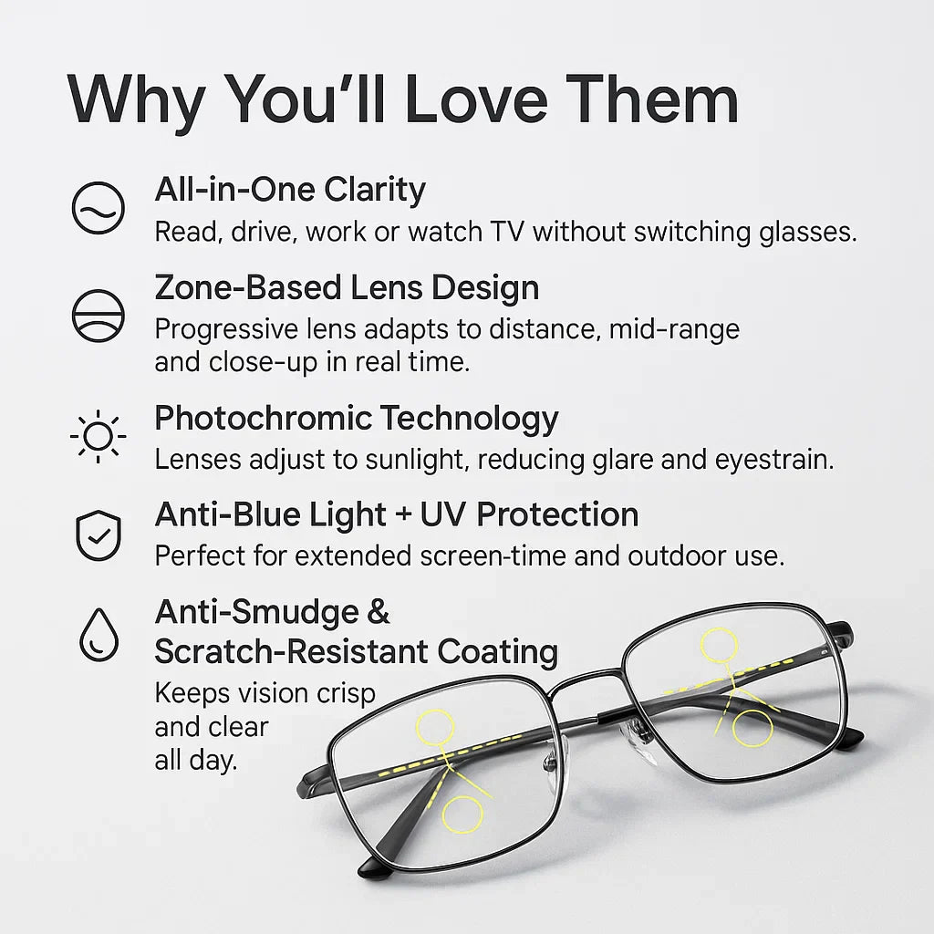 Multifocal Reading Glasses with Photochromic Lenses, Anti-Blue Light and UV Protection
