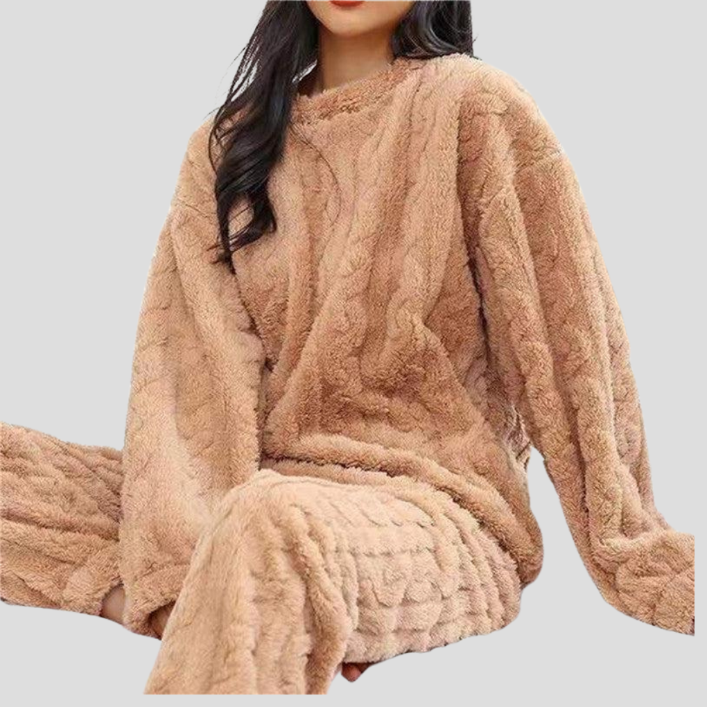 Women's Plush Fleece Pajama Set with Round Neck Top and Cinched, Stretchy Waistband