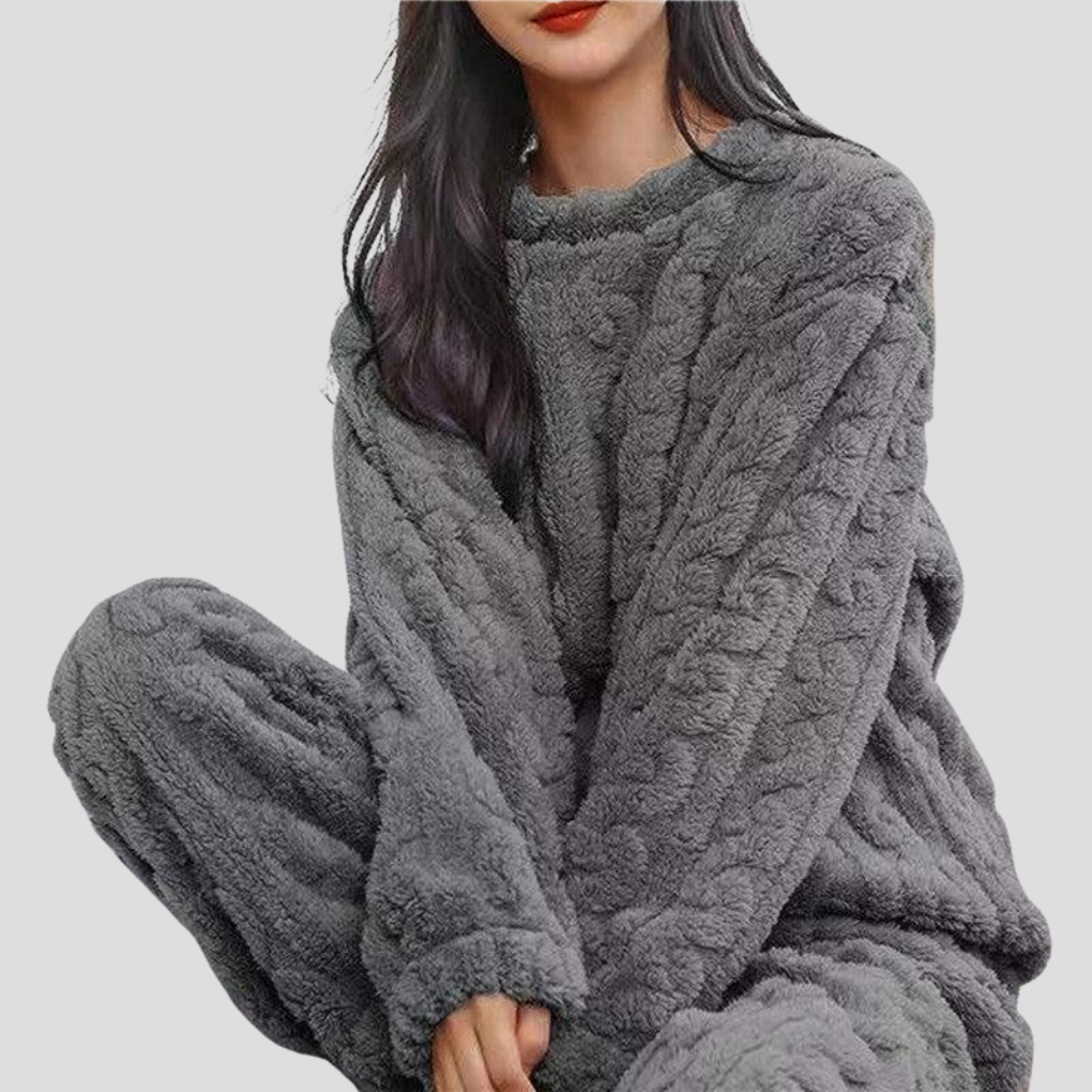 Women's Plush Fleece Pajama Set with Round Neck Top and Cinched, Stretchy Waistband