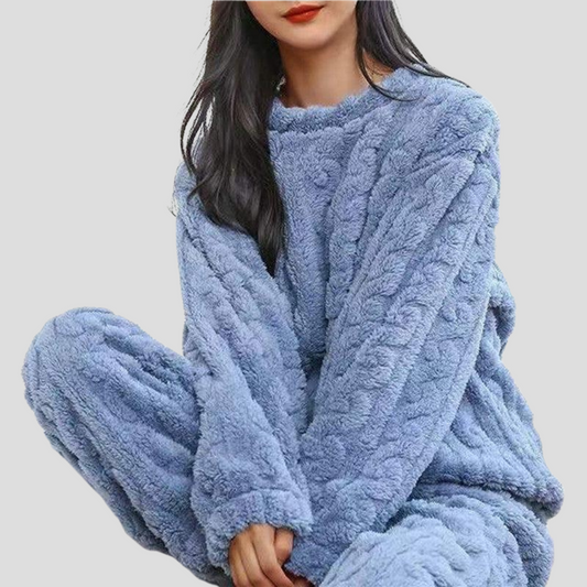 Women's Plush Fleece Pajama Set with Round Neck Top and Cinched, Stretchy Waistband