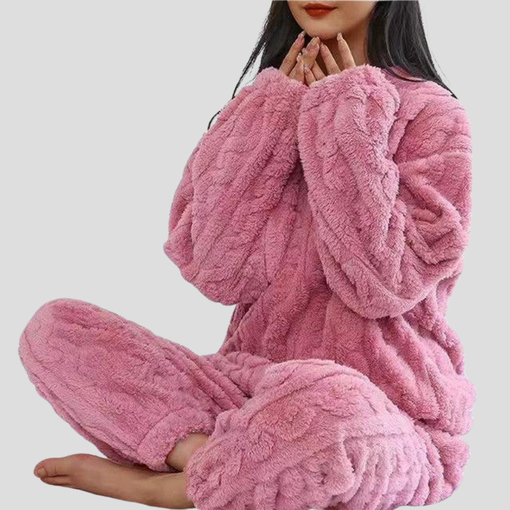 Women's Plush Fleece Pajama Set with Round Neck Top and Cinched, Stretchy Waistband