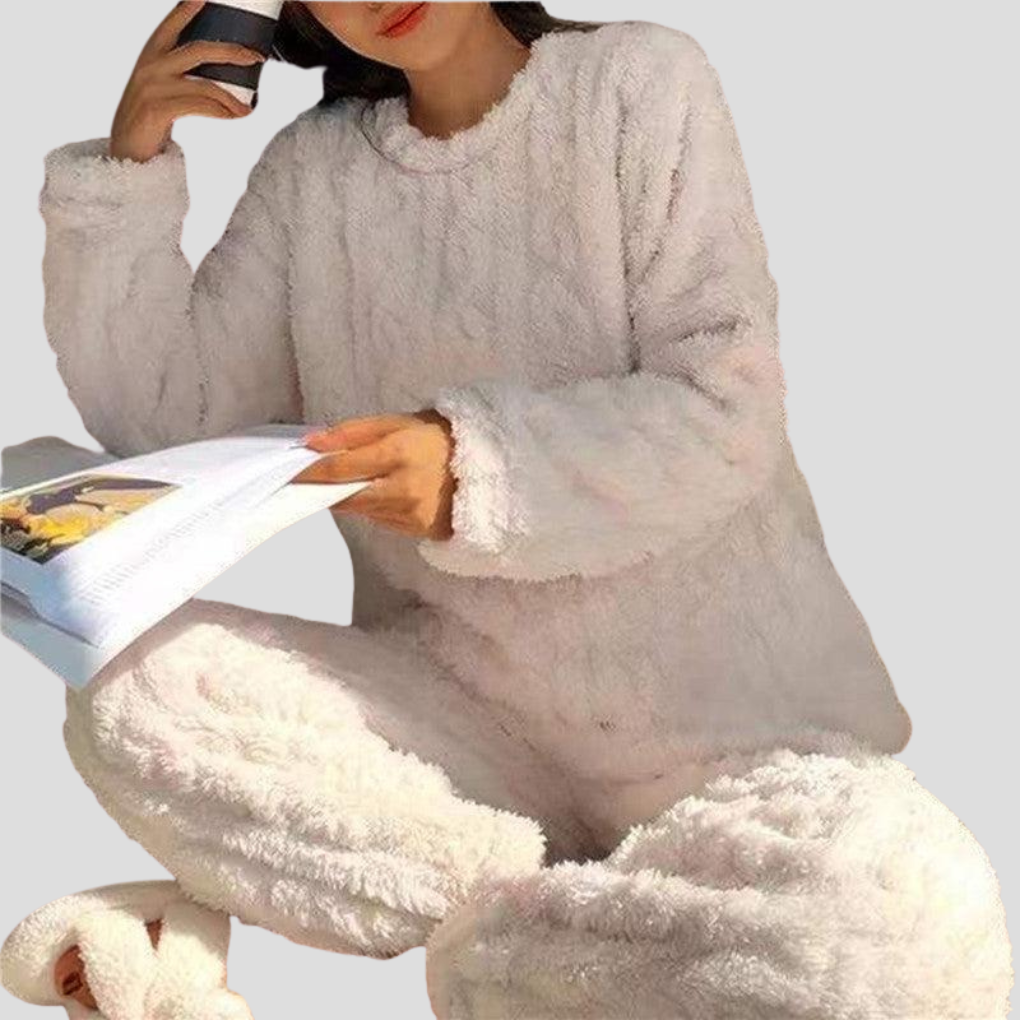 Women's Plush Fleece Pajama Set with Round Neck Top and Cinched, Stretchy Waistband