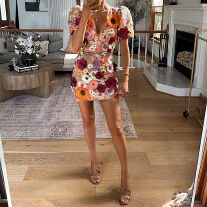 Women's Floral Applique Mini Dress - Embroidered Detail for Evening & Occasion Wear