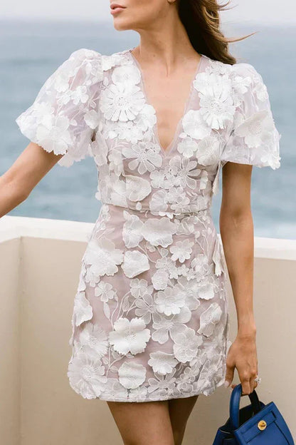 Women's Floral Applique Mini Dress - Embroidered Detail for Evening & Occasion Wear