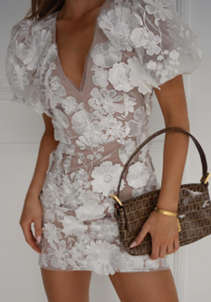 Women's Floral Applique Mini Dress - Embroidered Detail for Evening & Occasion Wear
