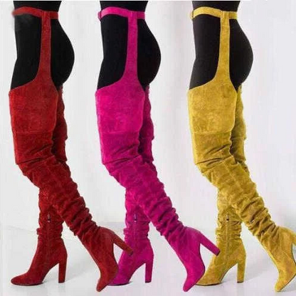 Womens Faux Suede Thigh High Slouch Boots with Waist Belt 10 cm Chunky Heel Pointed Toe Zip