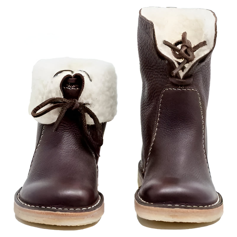 Waterproof Wool Lined Leather Winter Boots Lace Up Vintage Style Boots with Crepe Rubber Sole
