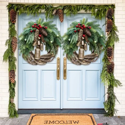 Farmhouse Christmas Wreath Boho Rustic Vine Wreath with Pinecones Berries and Golden Bells 17 Inch