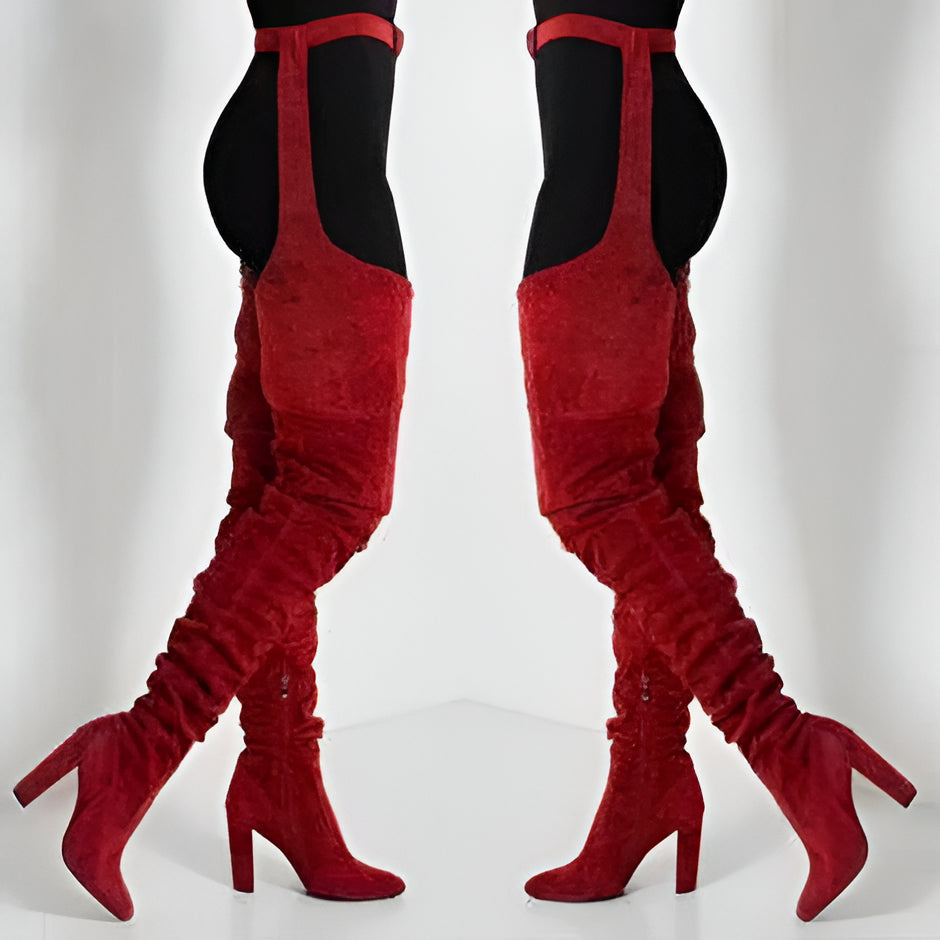 Womens Faux Suede Thigh High Slouch Boots with Waist Belt 10 cm Chunky Heel Pointed Toe Zip
