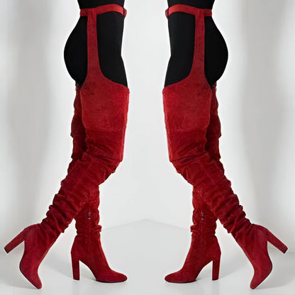 Womens Faux Suede Thigh High Slouch Boots with Waist Belt 10 cm Chunky Heel Pointed Toe Zip