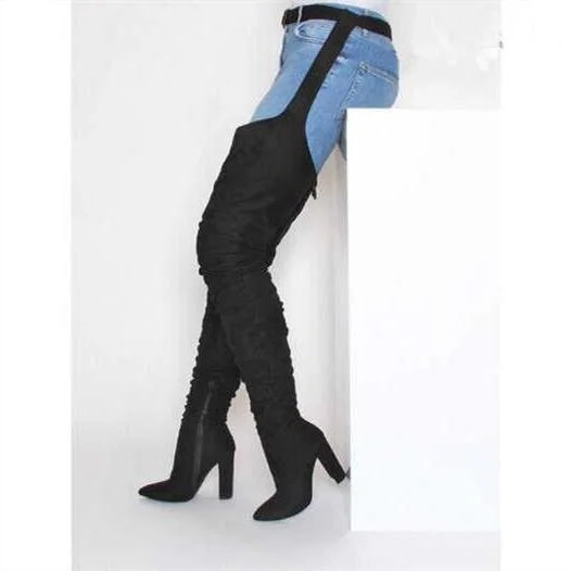 Womens Faux Suede Thigh High Slouch Boots with Waist Belt 10 cm Chunky Heel Pointed Toe Zip