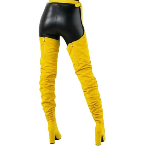 Womens Faux Suede Thigh High Slouch Boots with Waist Belt 10 cm Chunky Heel Pointed Toe Zip