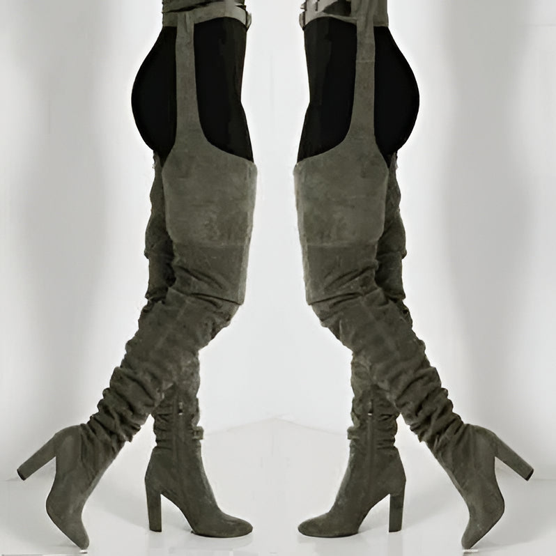 Womens Faux Suede Thigh High Slouch Boots with Waist Belt 10 cm Chunky Heel Pointed Toe Zip