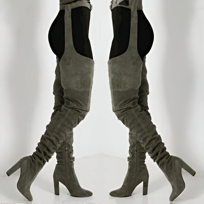 Womens Faux Suede Thigh High Slouch Boots with Waist Belt 10 cm Chunky Heel Pointed Toe Zip